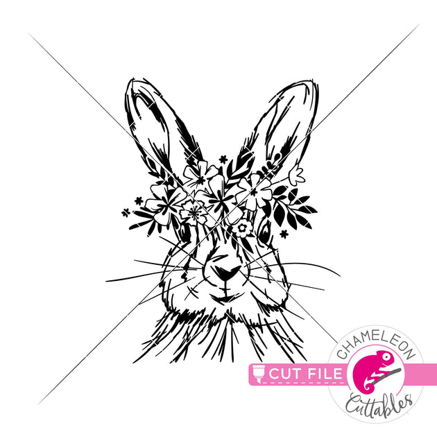 Rabbit sketch drawing Easter bunny with flowers svg png dxf eps jpeg  Chameleon Cuttables LLC