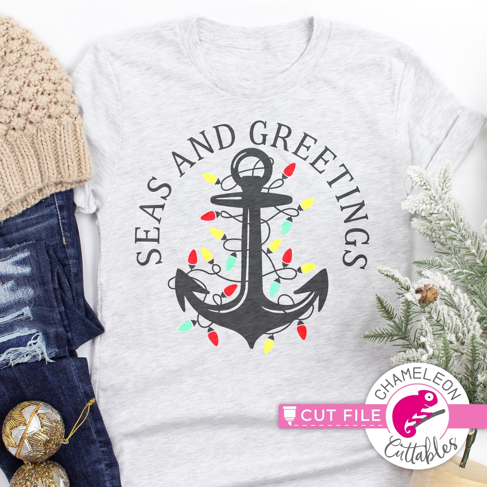 Seas and Greetings Christmas beach svg png dxf eps jpeg Chameleon Cuttables  LLC